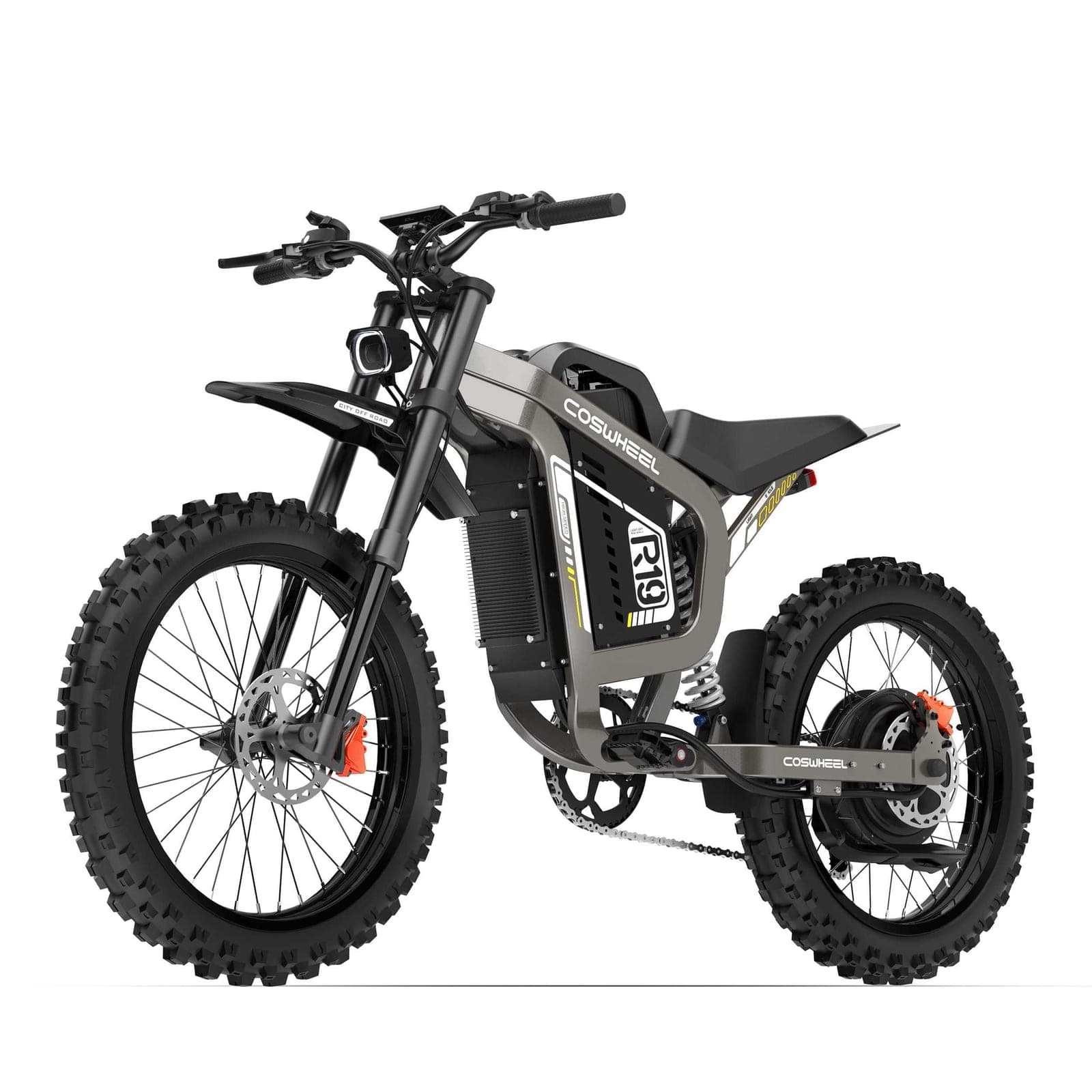 Coswheel R19 — студийна продуктова снимка на бял фон: сива рамка, черни офроуд гуми, оранжеви спирачни апарати