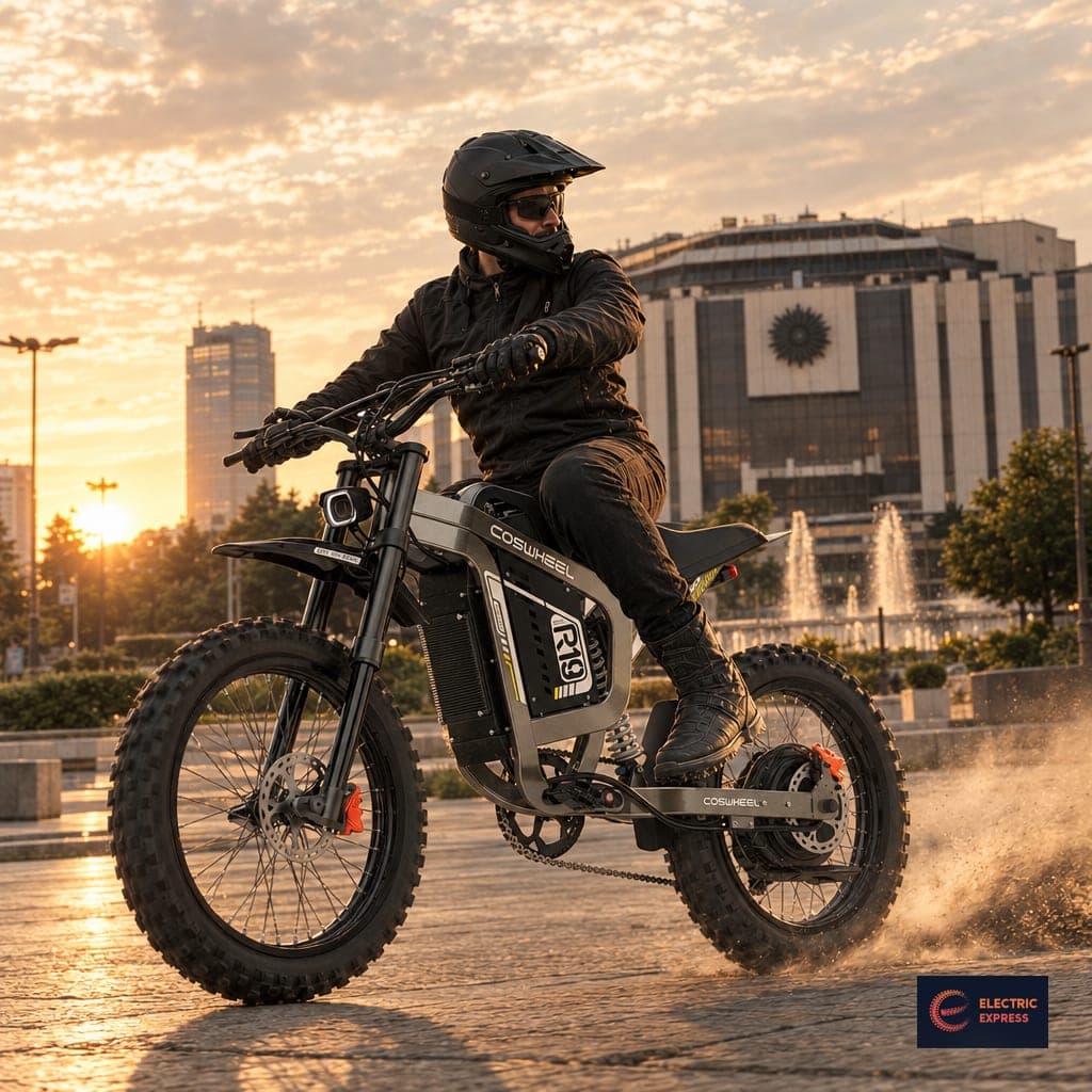 Coswheel R19 с ездач пред НДК в София при залез, с логото на Electric Express долу вдясно — втори пост в същия стил